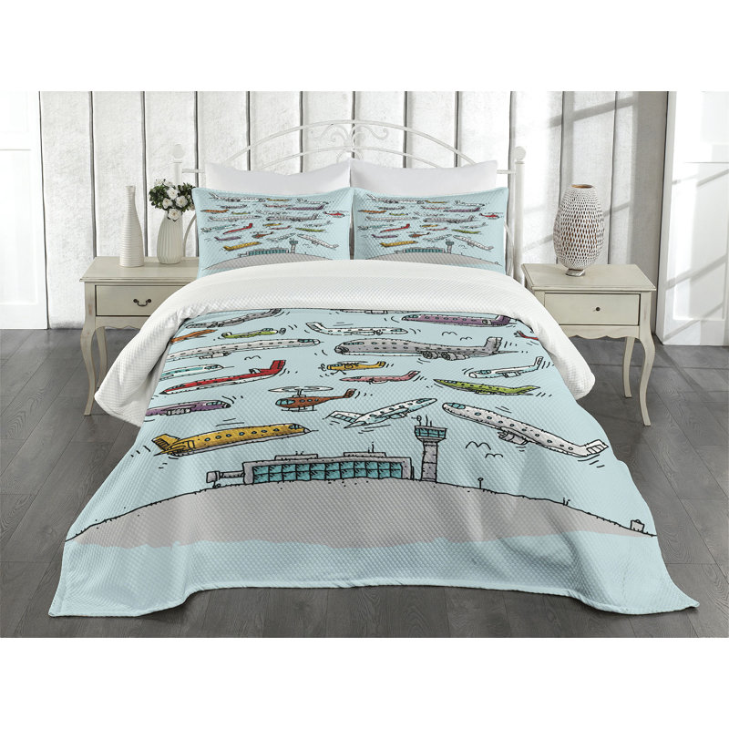 Ambesonne Aviation Bedspread Set Airplanes Helicopters Multicolor, King Bedspread + 2 Standard Shams