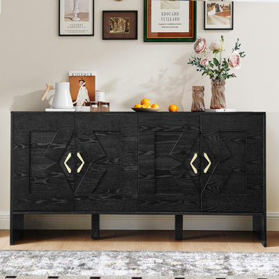 60" Mid Century Modern Sideboard Buffet Cabinet With Storage, TV Media Console, Storage Cabinet With Geometric Pattern & Adjustable Shelves For Kitchen Dining Living Room Entryway Hallway