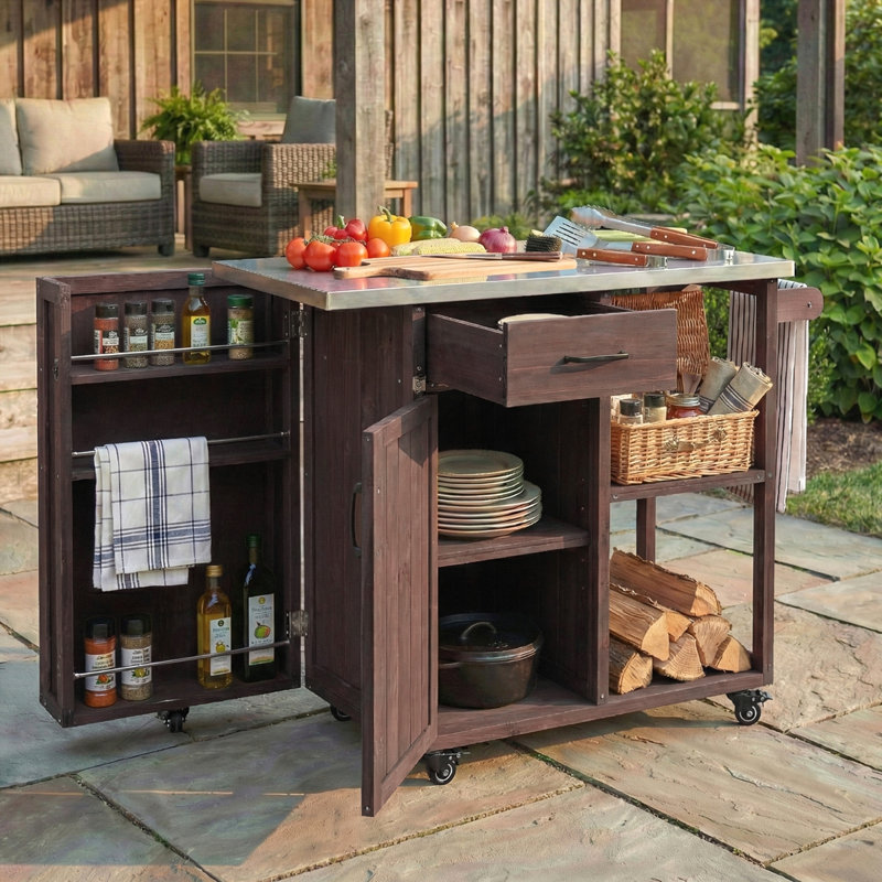 Îlot de cuisine extérieur avec plateau en acier inoxydable, Dark Brown
