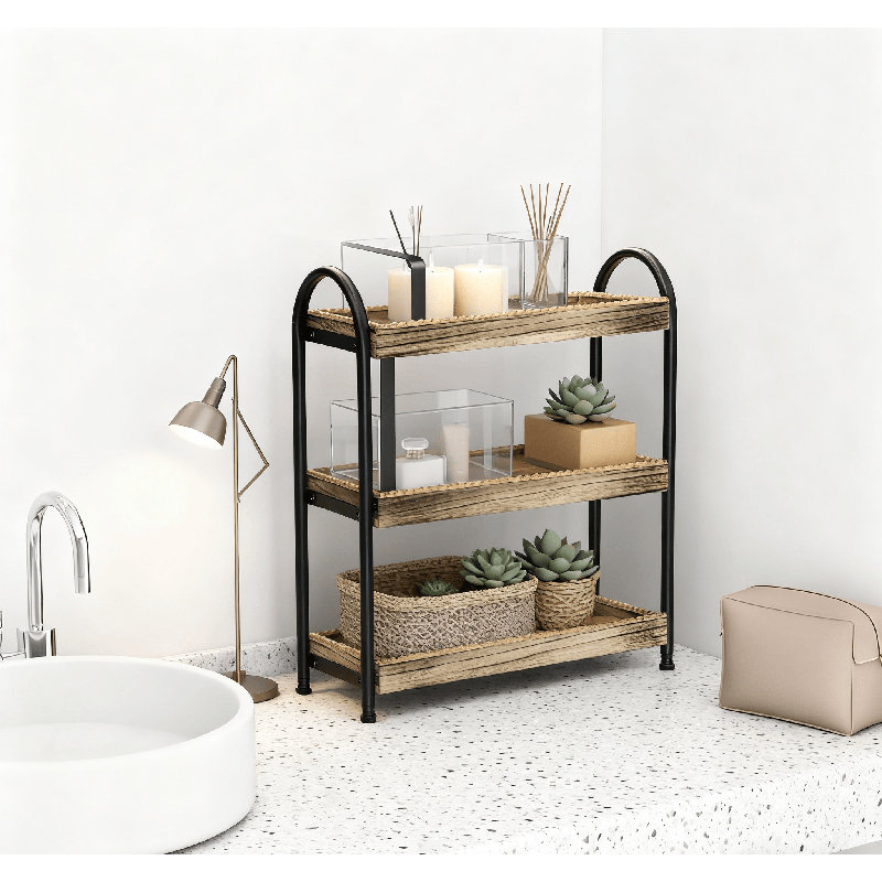 Organisateur de comptoir de salle de bain à 3 niveaux avec tablette en bois, rangement polyvalent pour meuble-lavabo, cuisine et salon, conception peu encombrante avec rebords surélevés