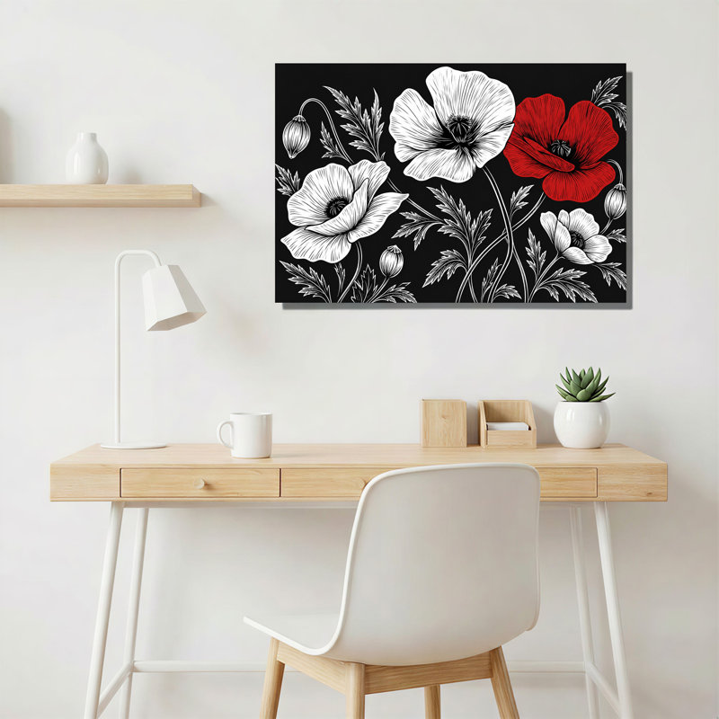 Art sur toile, coquelicots rouges et blancs sur fond noir, 12"H x 18"W