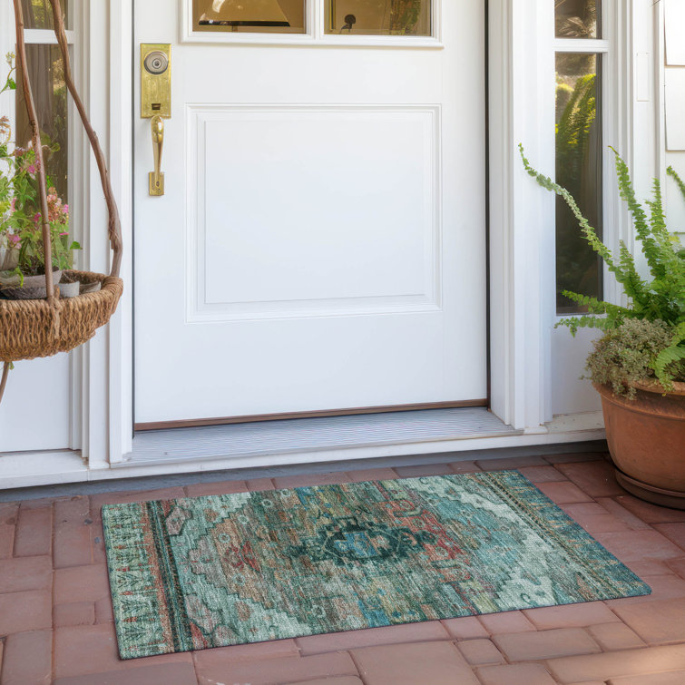 Machine Washable Indoor/Outdoor Xhevrie Teal Rug