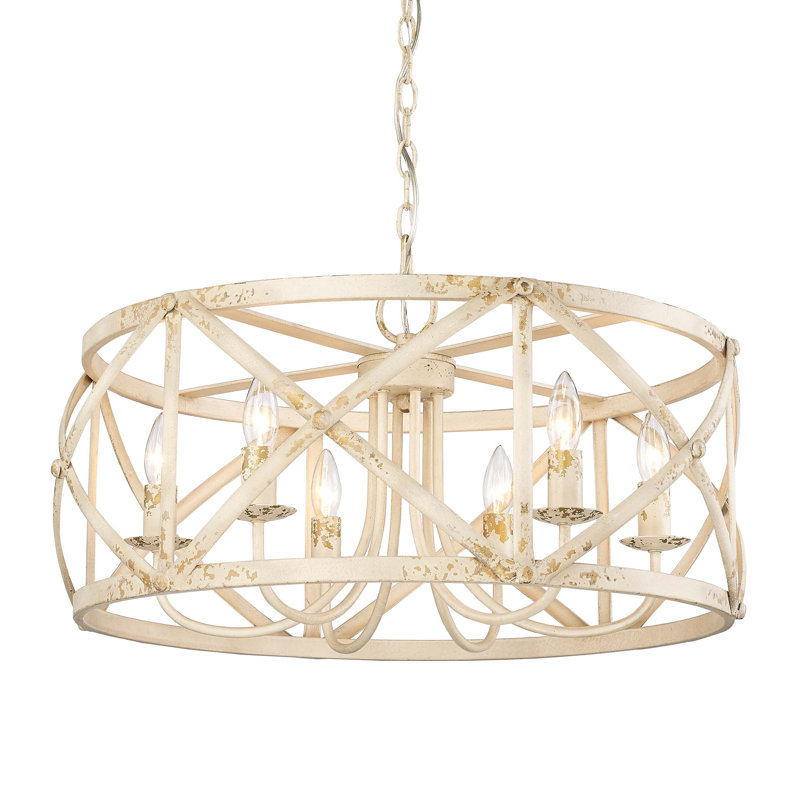 6 - Light Dimmable Lantern Drum Chandelier, Antique Ivory