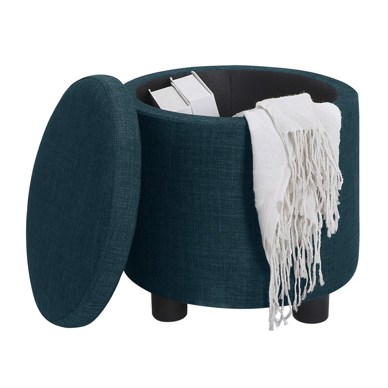 Ahl Arsy 15.75'' Wide Fabric Round Storage Ottoman with Reversible Tray Lid, Dark Blue Fabric