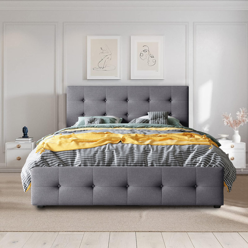 Eural Upholstered Platform Bed with Classic Headboard and 4 Drawers, No Box Spring Needed, Linen Fabric, Queen Size