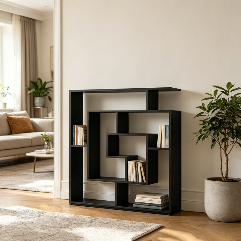 6 Tier Freestanding Geometric Bookcase, Wall Mounted Bookshelf, Floating Book Shelves For Bedroom Living Room, Black