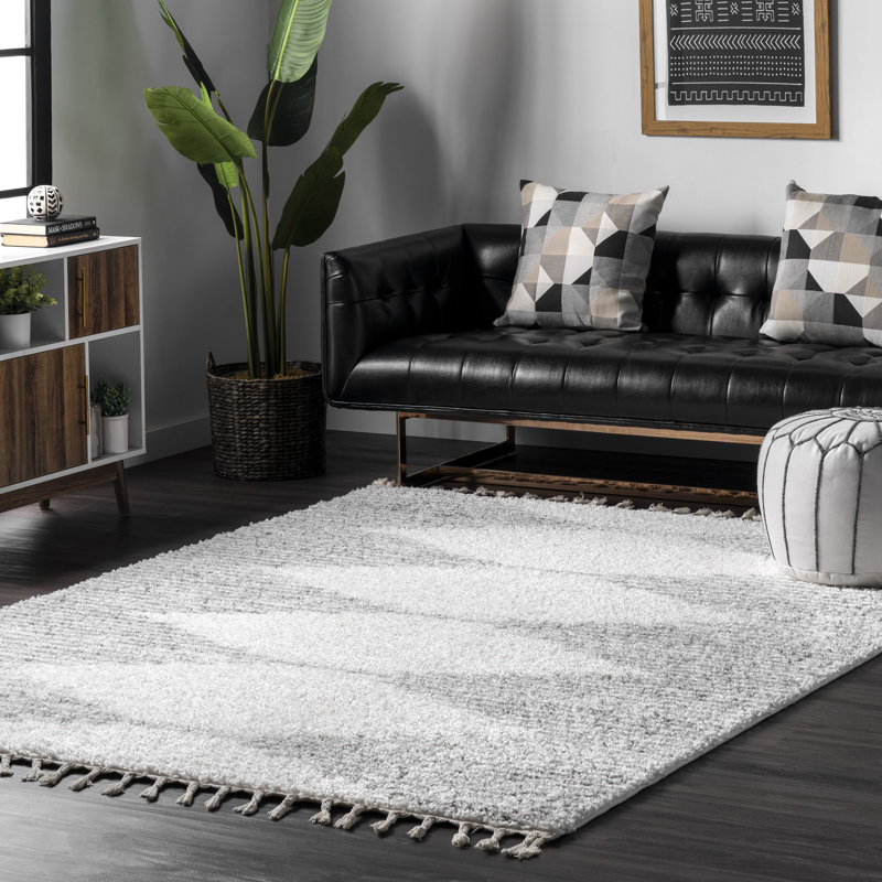 Bria Moroccan Shag Tasseled Performance White/Gray Rug, Rectangle 6'7" x 9'