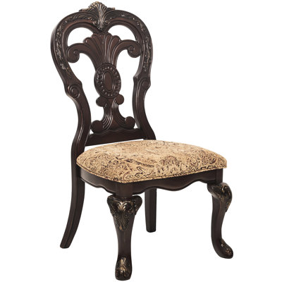 Enrapturing Side Chairs 2Pc, Cherry Finish With Gold Highlights, Upholstered Fabric, Dining 2 Piece Chair , Wood Details, Traditional