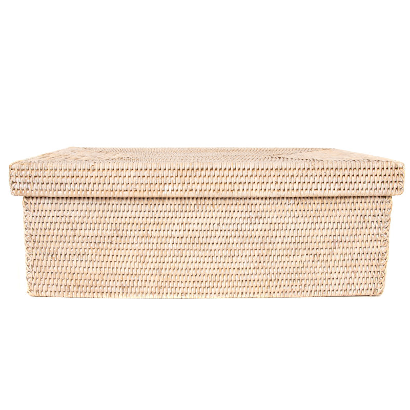 Hand-Woven Rattan Rectangular Bin with Lid, 6" H x 14" W x 10" D, White Wash