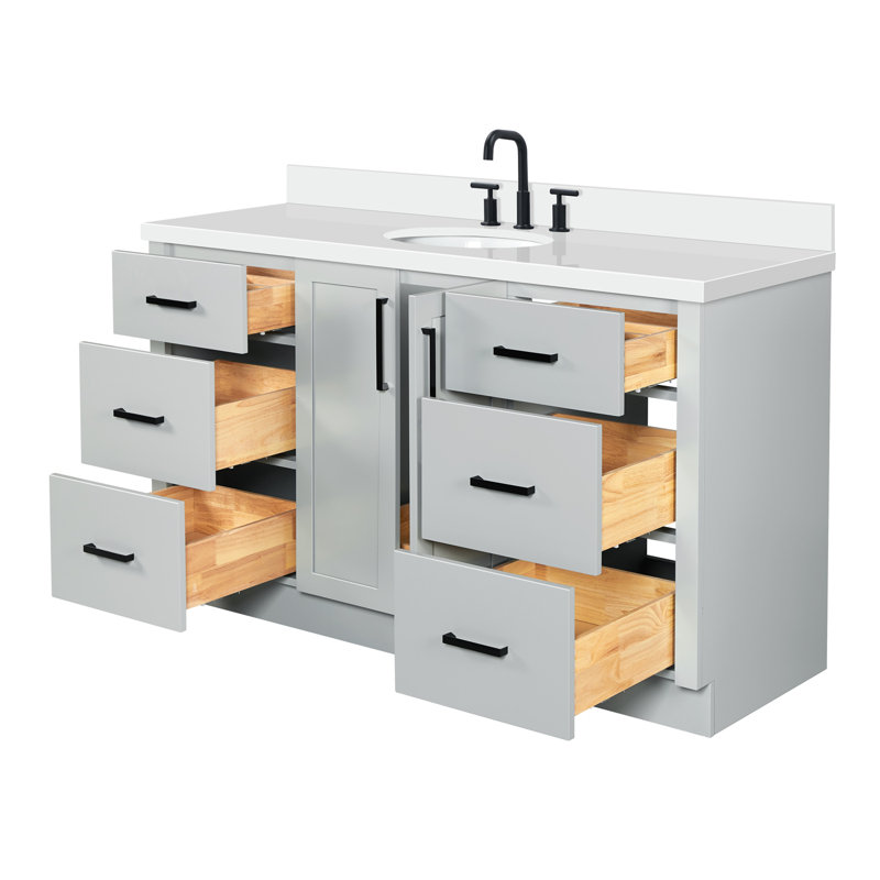 Meuble-lavabo ovale simple de 61 pouces avec comptoir en quartz blanc pur de 1,5 pouce d'épaisseur et finition grise, Ovale