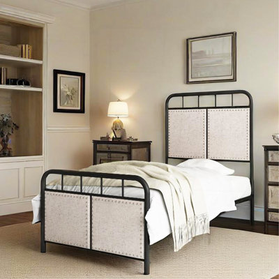 Base de lit simple tapissier en lin avec tête de lit et pied de lit en tissu
