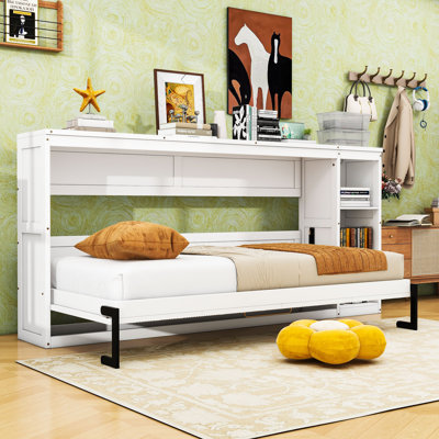 Lit escamotable en bois peu encombrant avec tablettes de rangement latérales