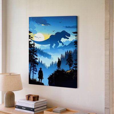 Dino chasseur coucher de soleil silhouette de scène sauvage avec T Rex quelques moments toile d'art mural prêt à accrocher galerie enveloppée Home Decor Decor
