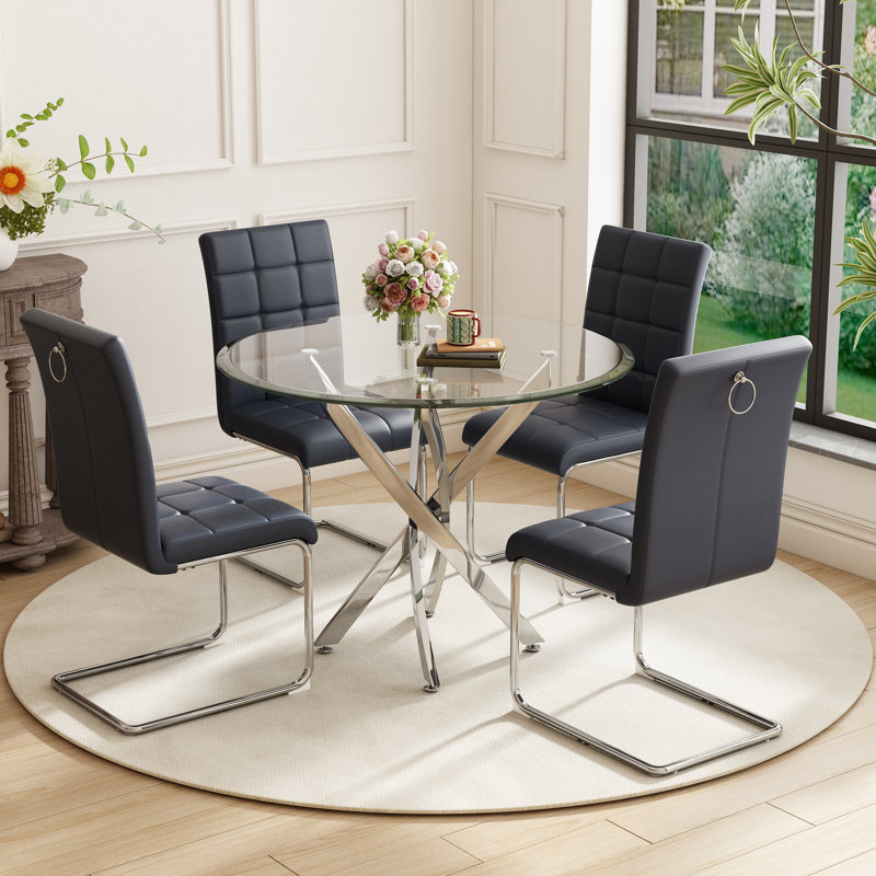 5- Piece Dining Table Set,Glass Top Metal Base Dining Tablewith 4 Faux Leather Dining Chairs, Silver, Black/Silver
