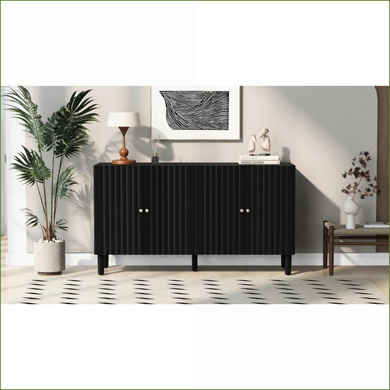 Buffet moderne à 4 portes avec portes ondulées, plateau en bois aggloméré, pieds en bois d'hévéa | Tablettes réglables, Noir