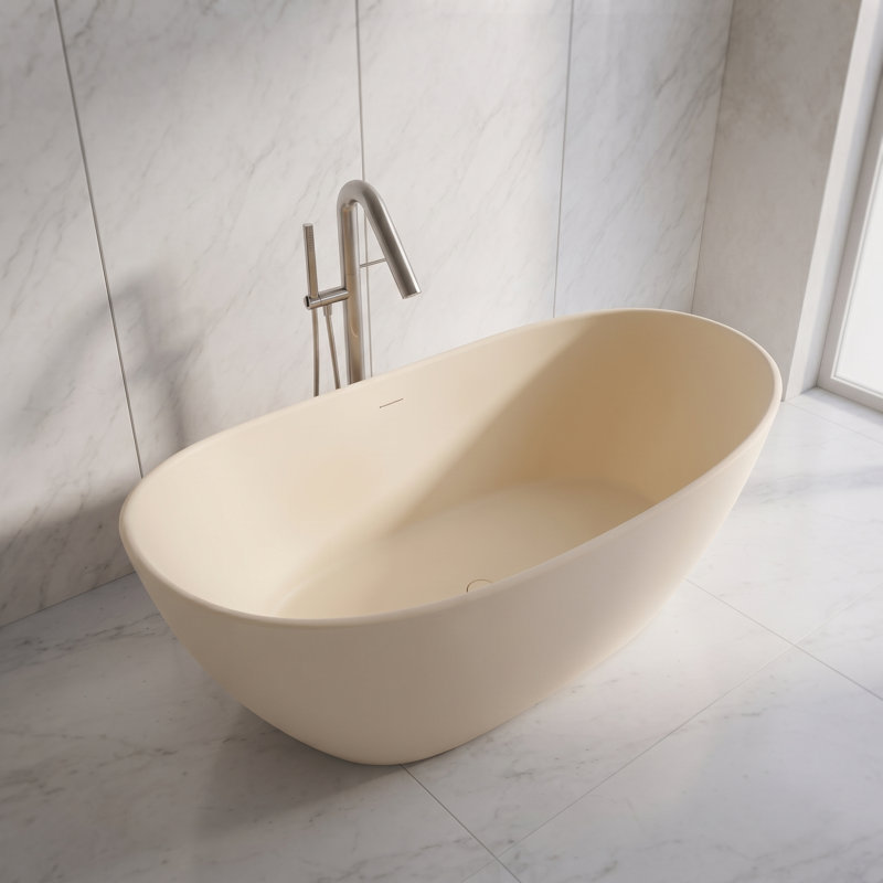 Baignoire de trempage autoportante à surface solide 65 po, finition ovale crème mat, Crème