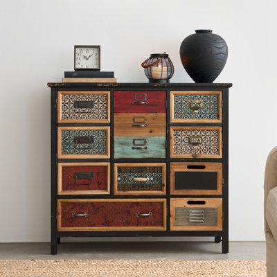 Armoire Retro Storage Cabinet 35" x 33" with Multicolour Drawers Metal Mesh Aged Pine