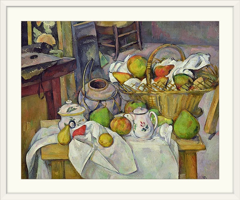 «Still Life with Basket, 1888 90» par Paul Cezanne, reproduction d'art, H 20 po x l 23 po x P 1 po, Cadre blanc