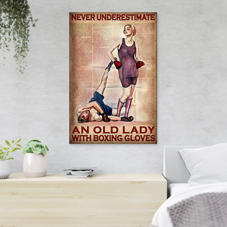 A Girl Boxing With A Man - Never Underestimate An Old Lady With Boxing Gloves - 1 Piece Rectangle Graphic Art Print On Wrapped Canvas