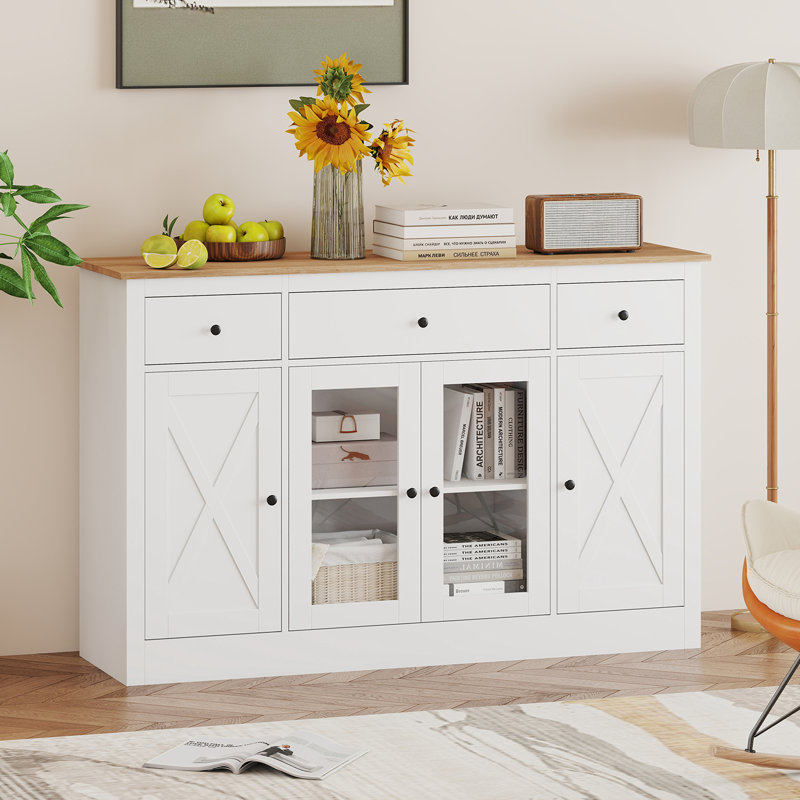 55'' Large Buffet Sideboard w/ 3 Drawers 2 See-through Doors Adjustable Shelves, White