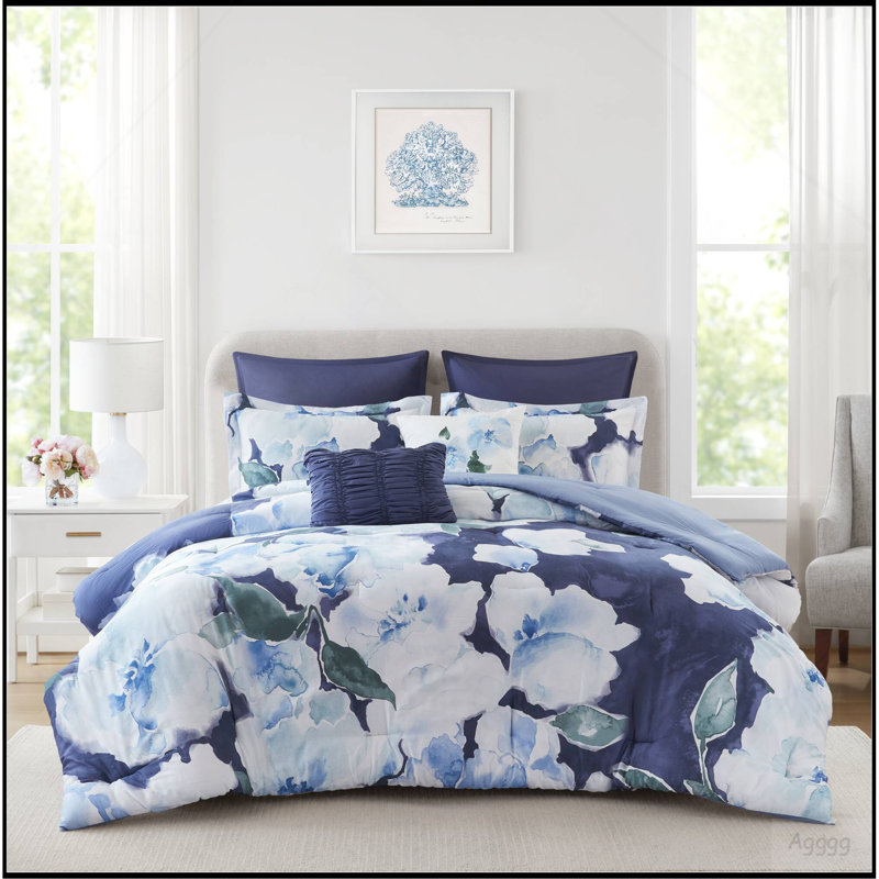 Ensemble d'édredon 7 pièces Cal King 7 pièces, Bleu, multicolore, floral