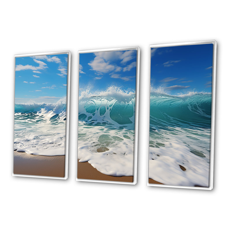 Turquoise Power of Ocean Wave - Ensemble de décoration murale bord de mer, Cadre flottant blanc, H 32 po x l 48 po x P 1 po