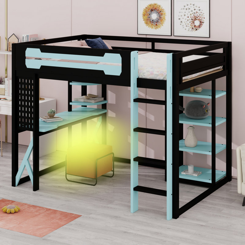 Lit mezzanine complet avec bureau, tablettes, Noir / Bleu