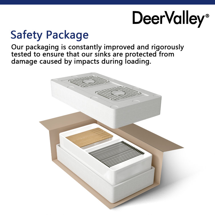 DeerValley DV-1K0068 33 L X 20 W Double Basin Workstation Farmhouse Kitchen  Sink With Sink Grid, Cutting Board And Dish-Drying Rack – DeerValley Bath