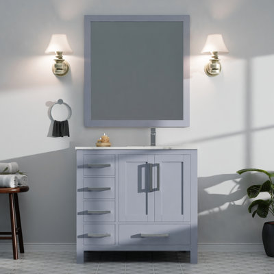 36 po Meuble-lavabo large gris foncé, marbre, robinet, fermeture en douceur, meuble-lavabo avec comptoir en marbre et tiroirs de rangement