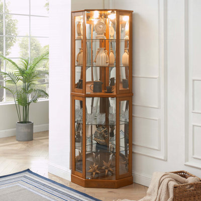 Vitrine de coin d'angle avec lumières, miroirs et tablettes réglables