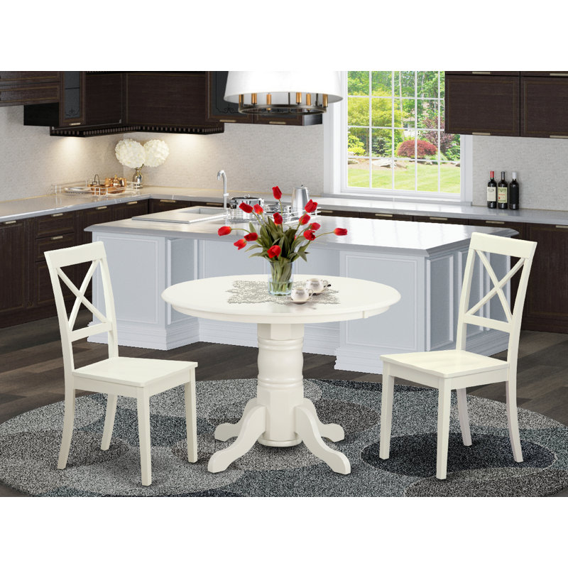 Ensemble de salle à manger 3 pièces pour petits espaces comprenant une table ronde avec pied central et 2 chaises de cuisine, 107 x 107 cm, blanc lin