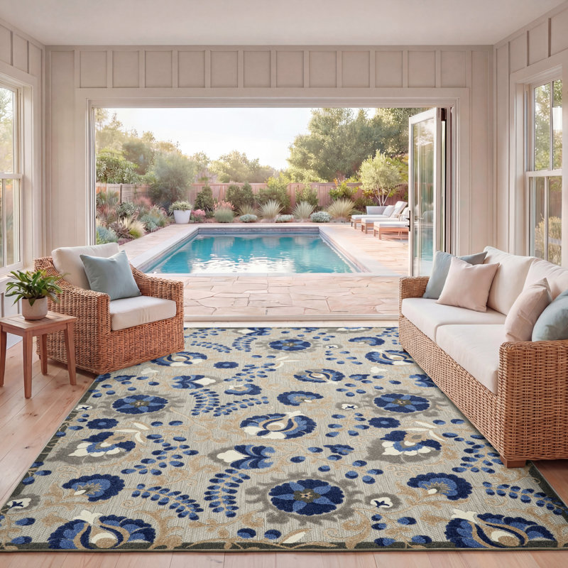 Tapis intérieur / extérieur bleu / gris Ciann, Rectangle 7 pi 10 po x 10 pi 6 po