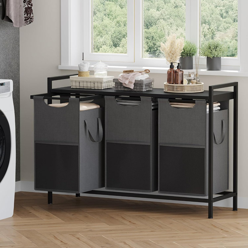 Heybly 3-Bag Laundry Hamper With Storage Shelf - Large Capacity Pull-Out Laundry Sorter For Laundry Room, Bathroom, And Dorm Organization