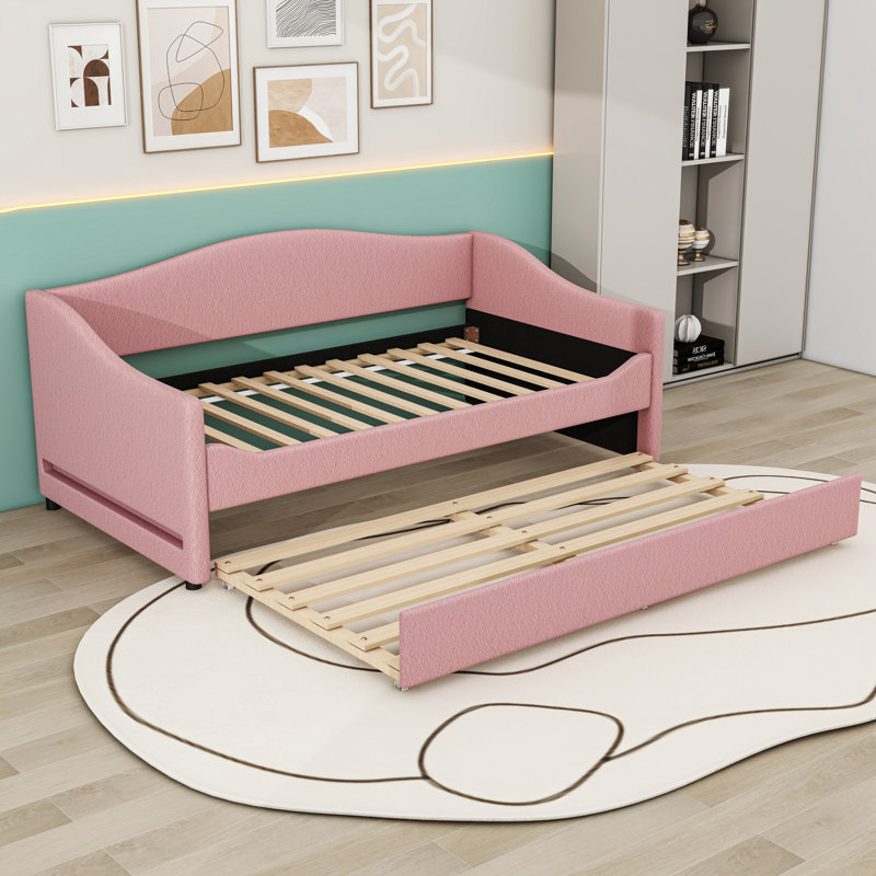 Upholstered Daybed with Light and Trundle, Twin, Pink