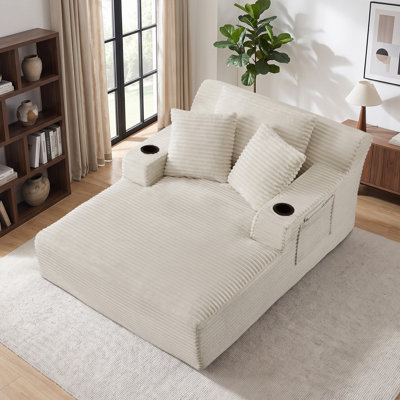 Chaise longue d'intérieur rembourrée de 168 cm de profondeur avec porte-gobelets, canapé-lit sans dossier en velours côtelé, aucun assemblage requis