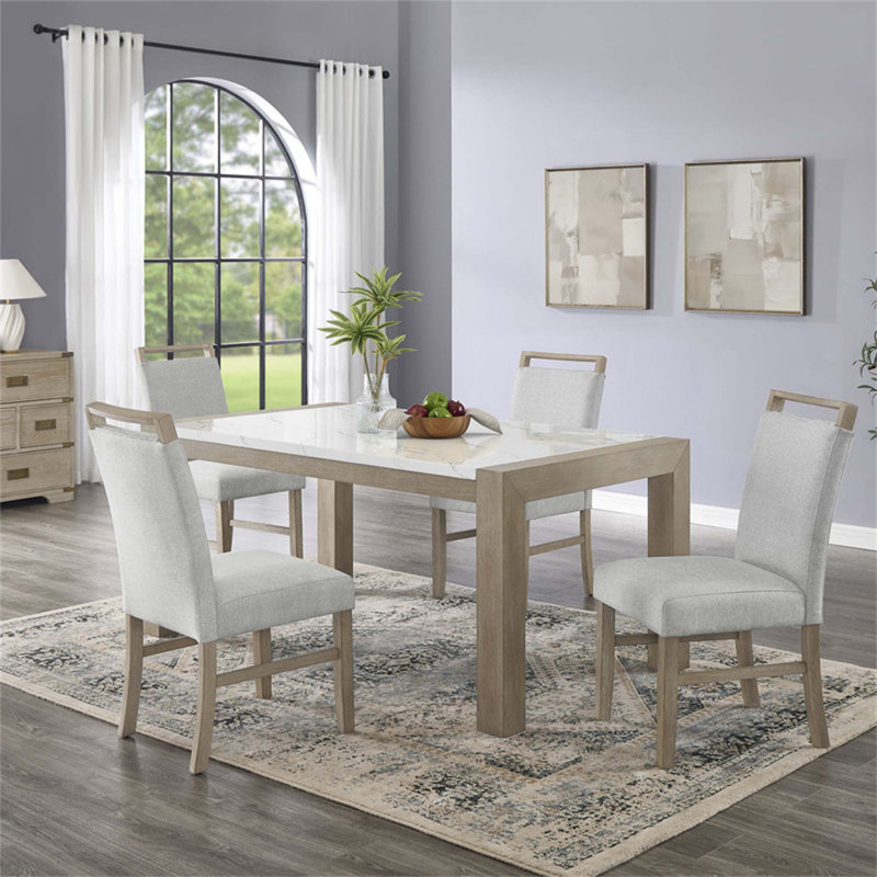 Ensemble de salle à manger 5 pièces avec plateau en faux marbre blanc et pieds en chêne clair pour un repas élégant et fonctionnel