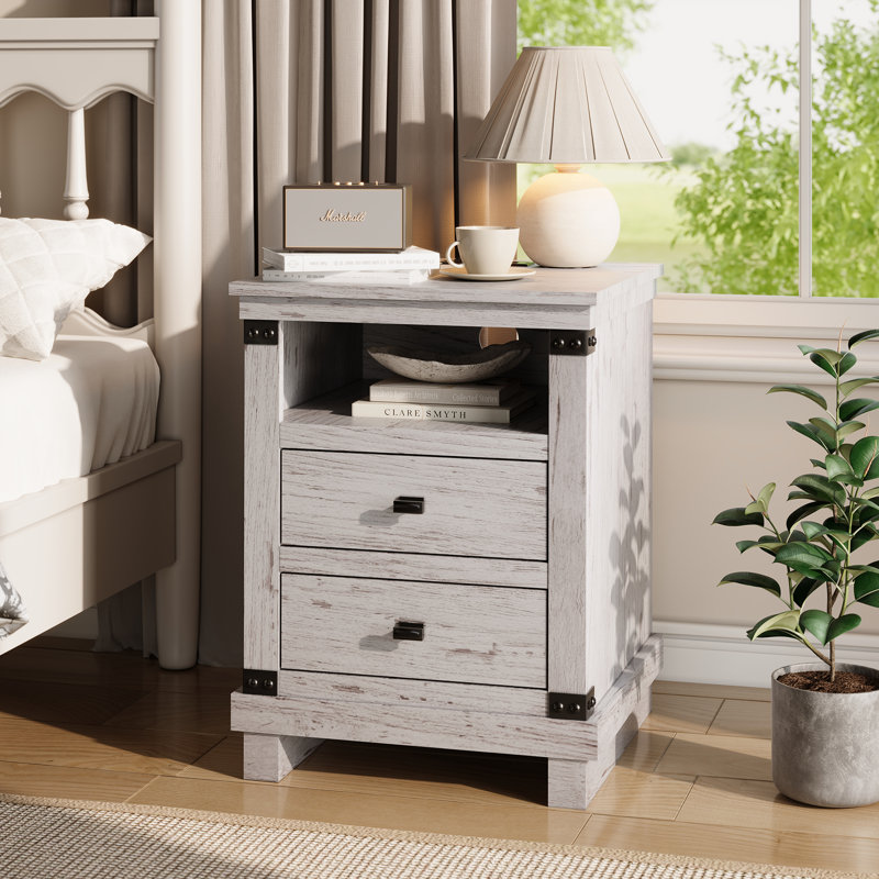 18"W Farmhouse Nightstand with Charging Station & 2 - Drawers, Oyster Gray