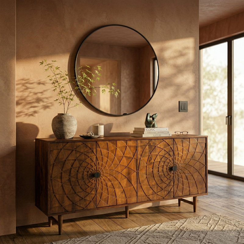 Buffet en bois massif NTC Bloom, armoire à 4 portes avec motif sculptural sculpté à la main, buffet artistique pour le salon ou la salle à manger, assemblage sans effort, noyer foncé