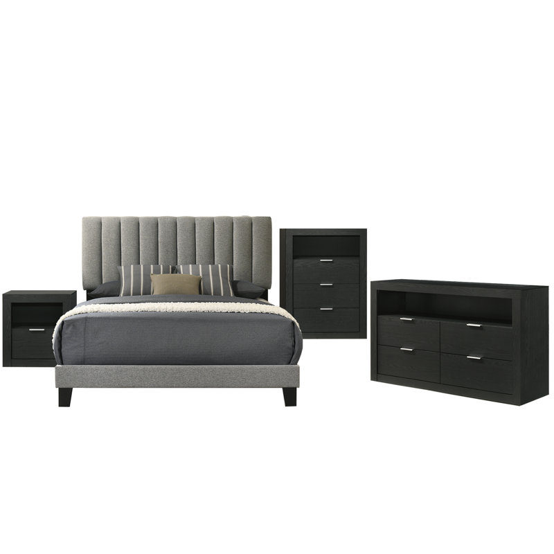 Ensemble de chambre à coucher 4 pièces, Ensemble de 4 pièces : lit, table de chevet, comm, Queen, Noir