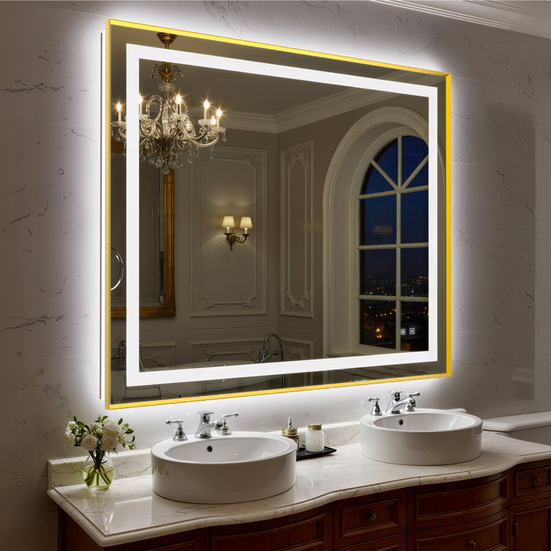 Bathroom LED Mirror Brushed Gold Metal Frame Frontlit & Backlit Vanity Mirror Anti-Fog Stepless Dimmable 3 Colors Wall-Mounted