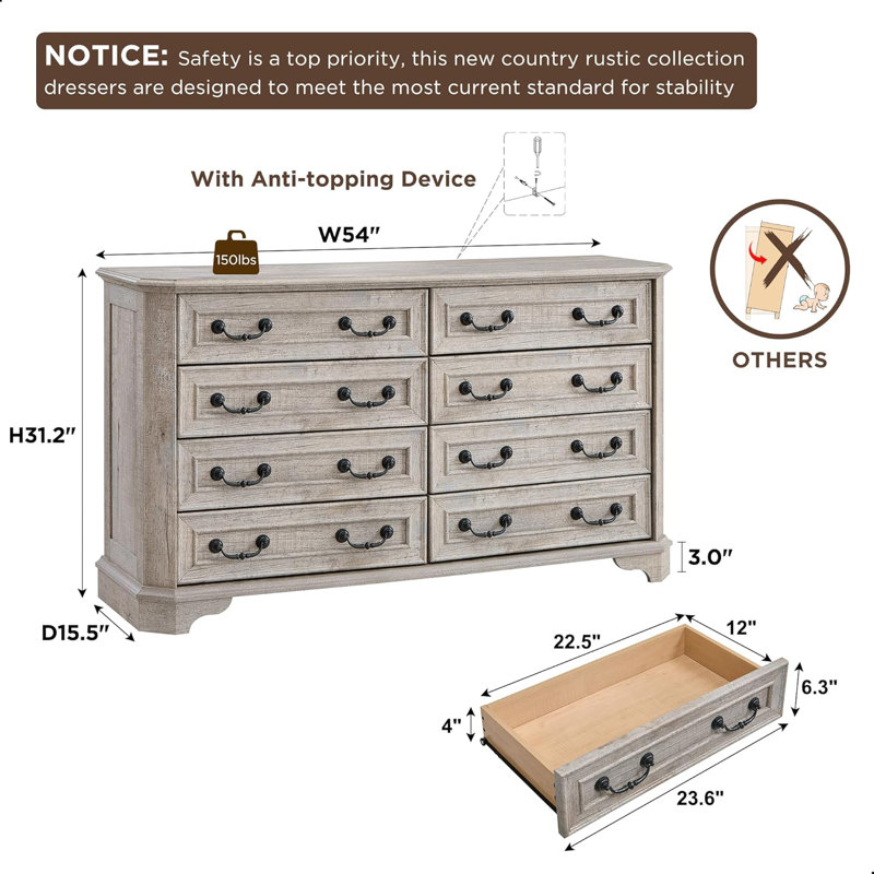 Commode 8 tiroirs, commode de rangement avec poignées en métal, organisateur de chambre à coucher large, Chêne rustique pâle