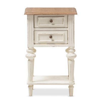  Marquetterie French Provincial 2 Drawer Nightstand with Shelf in Distressed White