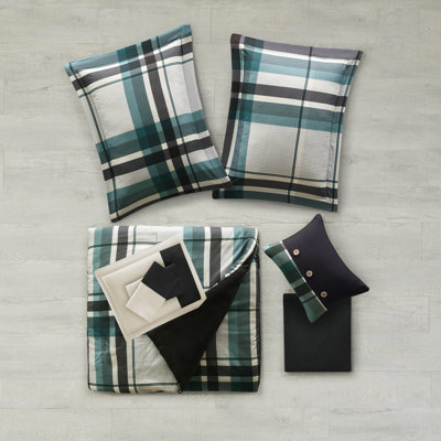 Queen Size 9 Pcs Teal/Black Plaid Microfiber Comforter And Sheet Group - Coordinating Solid Sheets, Machine Washable Size, Pcs, Teal/Black, Plaid, Microfiber, Ensemble,