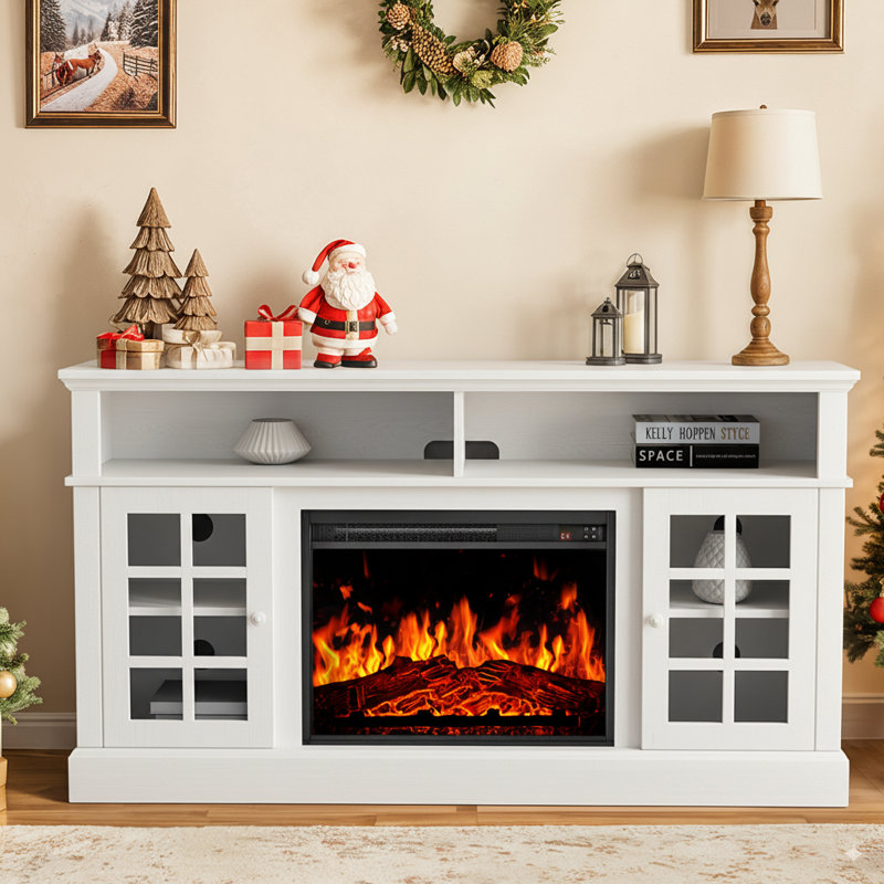 Anias TV Stand For TVs Up To 75" With Electric Fireplace Included, White, 31.9" H x 56.3" W x 15.75 D