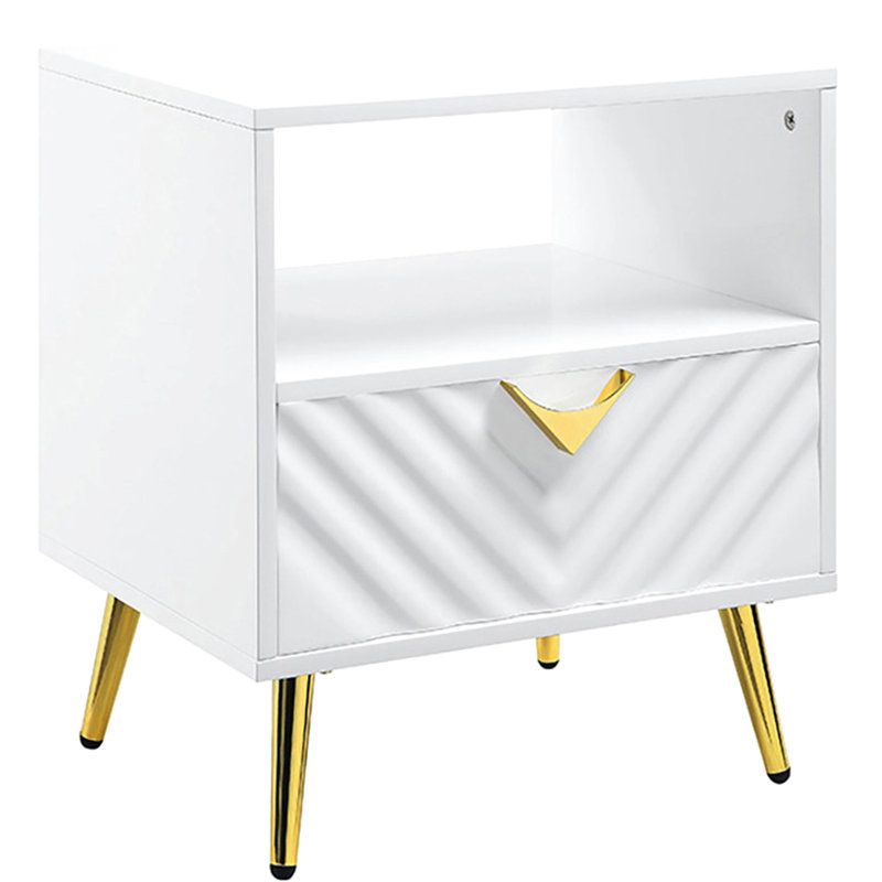 Table de bout blanche ultra brillante - Rangement élégant avec glissières de tiroir en métal et tablette de présentation