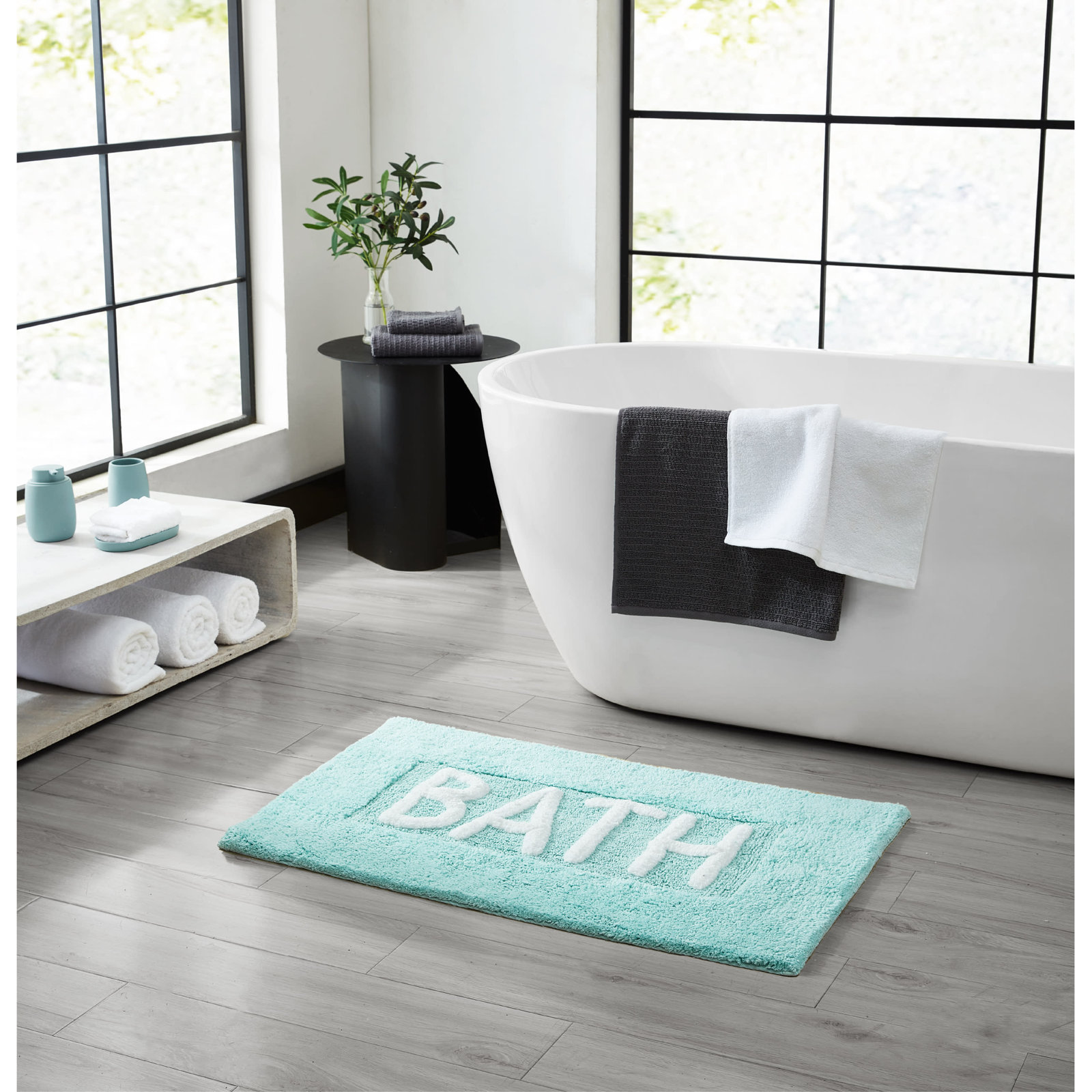 Cotton Blend Bath Rug, Aqua Blue