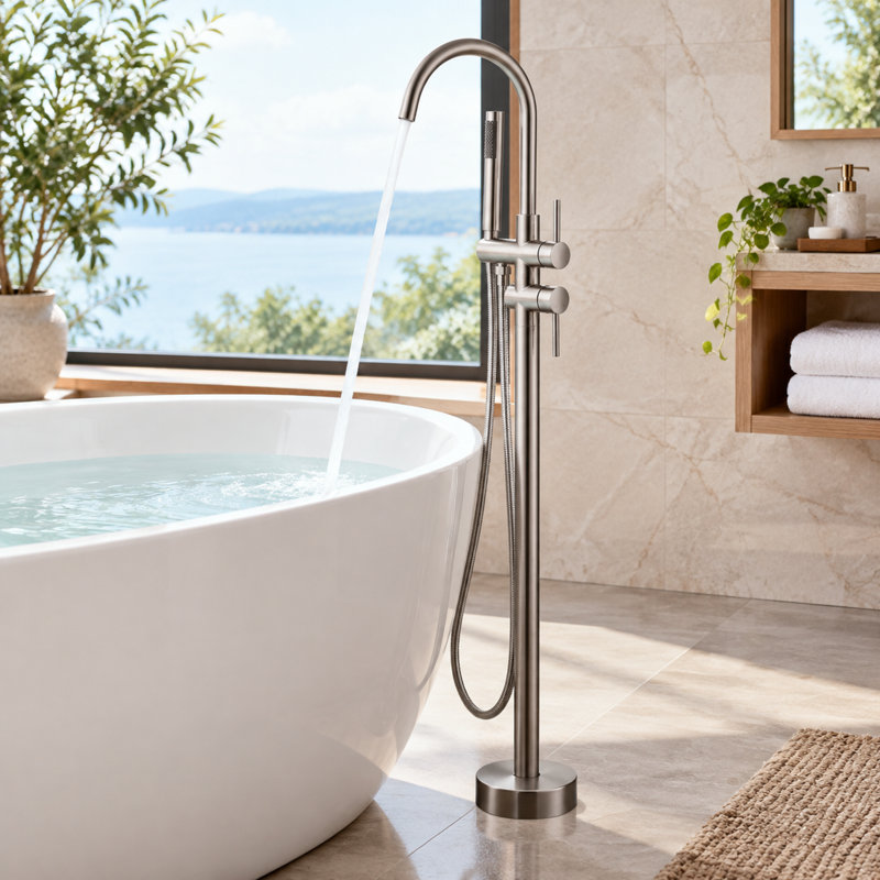 Robinet de baignoire autoportant fixé au sol avec douche à main et bec pivotant à 360 °, nickel brossé