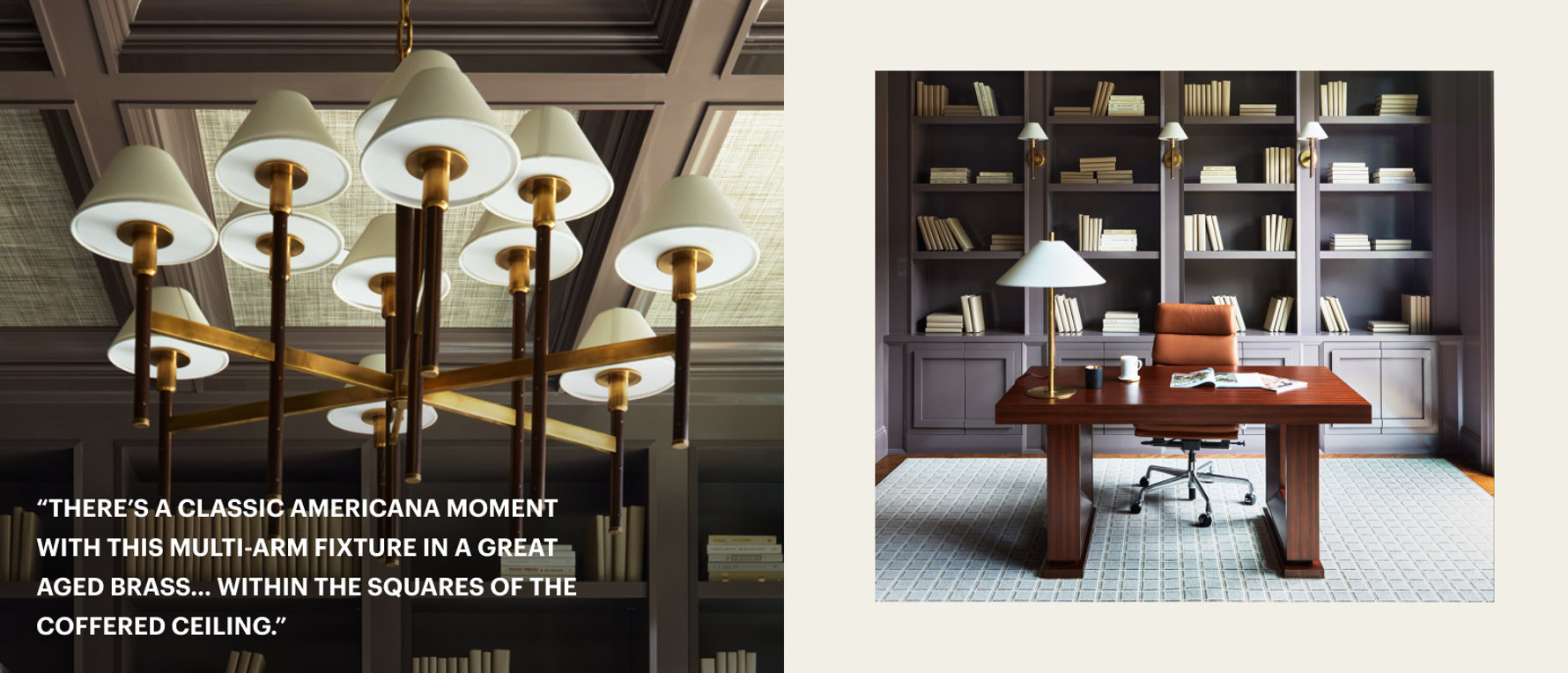 There's a classic Americana moment with this multi-arm fixture in a great aged brass... within the squares of the coffered ceiling.