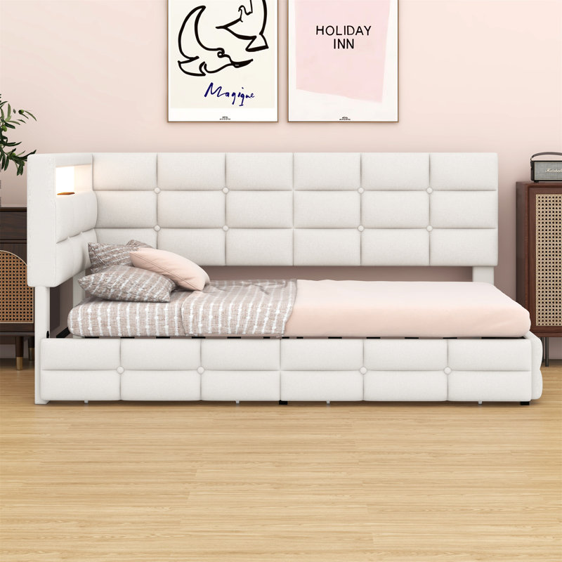 Upholstered Daybed With Storage 2 Drawers And Charging Station, Day Bed Frame With LED Lights And Storage Headboard, Beige
