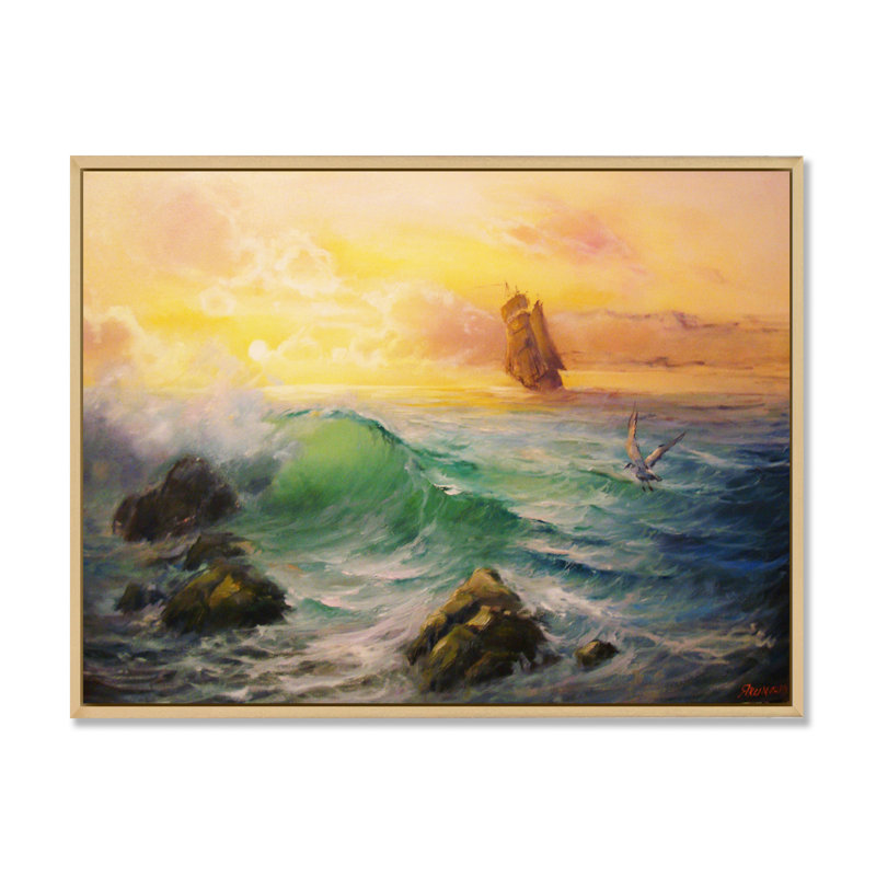 Coucher de soleil sur un bateau colonial, H 12 po x l 20 po x P 0,1 po, Toile avec cadre flottant brun